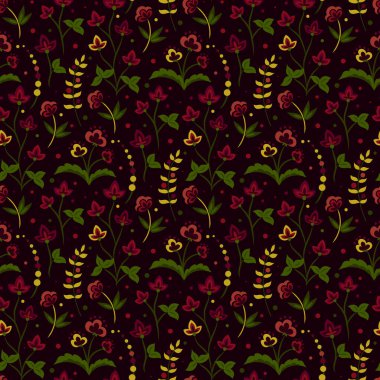 Koyu renk çiçek desenleri, zengin Rönesans renkleri kırmızı yeşil altın, koyu kahverengi arka planda çiçek yaprakları olan kusursuz vektör deseni. Kumaş ya da duvar kağıdı kadar mükemmel.