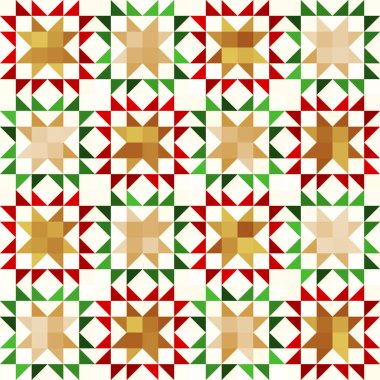 Festive seamless vector pattern with geometric stars, traditional colors red, green, beige, and white. Perfect for Christmas gift wrapping, cards, textiles, and seasonal design projects.