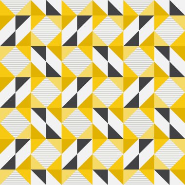Geometrik yorgan blokları tasarımı, kusursuz tekrarlayan vektör deseni, kumaş, tekstil tasarımı veya iç dekorasyon için soyut basit geometrik arkaplan. Sessiz retro renkler - hardal sarısı, gri,