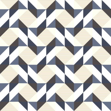 Nötr bej, donanma, gri ve kapalı renklerde çizgili geometrik desen, kusursuz vektör deseni. Tekstil, duvar kağıdı, ambalaj ve dekor için modern soyut arkaplan.
