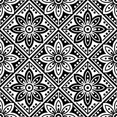 Tek renkli soyut çiçekler, siyah-beyaz geometri sırası, kusursuz vektör deseni