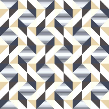 Nötr bej, donanma, gri ve kapalı renklerde çizgili geometrik desen, kusursuz vektör deseni. Tekstil, duvar kağıdı, ambalaj ve dekor için modern soyut arkaplan.