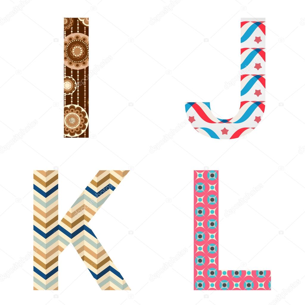 Set of colorful patterned leters - I, J, K, L. Full patterned alphabet, ABC - see in my portfolio. Vector illustration.