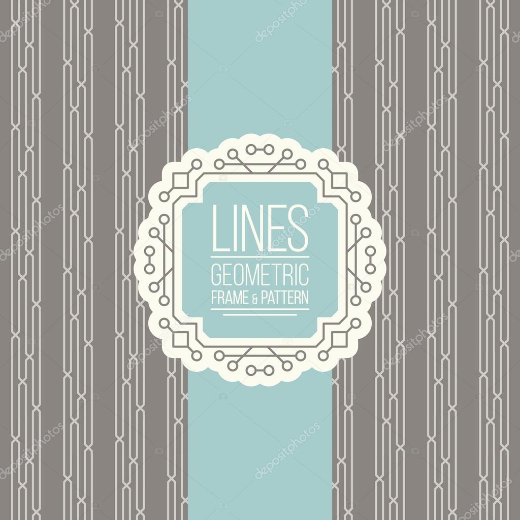 Geometric linear pattern and monoline frame. Vintage colors. Seamless abstract vector background.  Package design - badge with geometric border and place for your logo, identity or text.