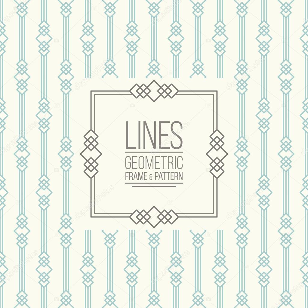 Geometric linear pattern and monoline frame. Vintage colors. Seamless abstract vector background.  Package design - badge with geometric border and place for your logo, identity or text.