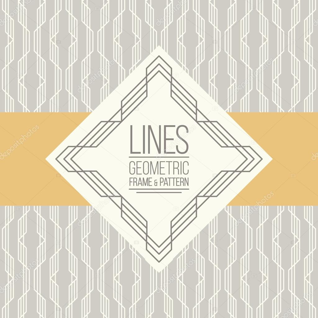 Geometric linear pattern and monoline frame. Vintage colors. Seamless abstract vector background.  Package design - badge with geometric border and place for your logo, identity or text.