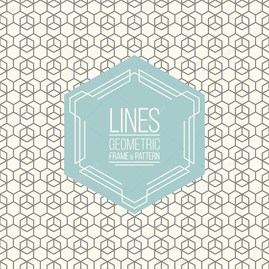 Geometric linear pattern and monoline frame. Vintage colors. Seamless abstract vector background.  Package design - badge with geometric border and place for your logo, identity or text.