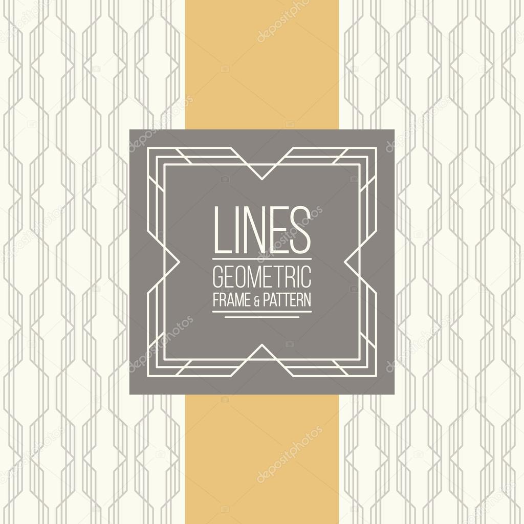 Geometric linear pattern and monoline frame. Vintage colors. Seamless abstract vector background.  Package design - badge with geometric border and place for your logo, identity or text.