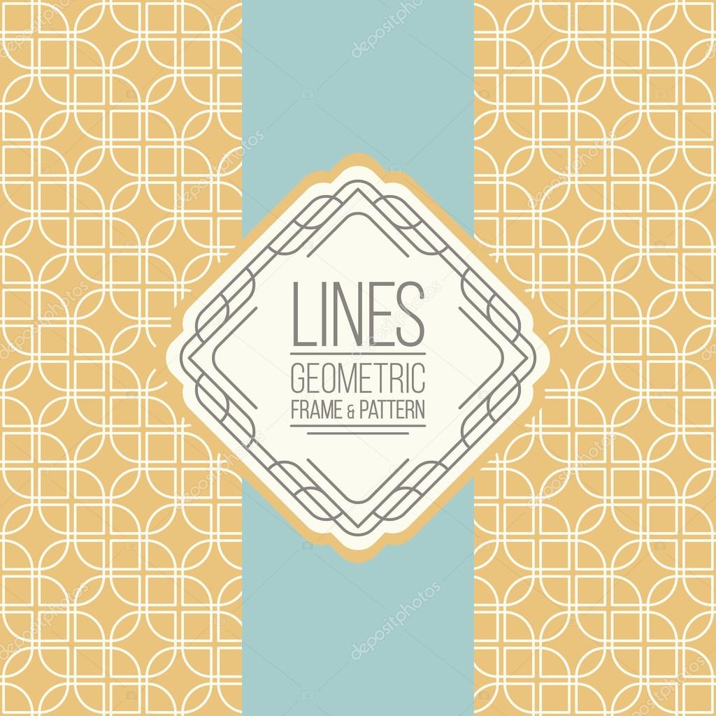 Geometric linear pattern and monoline frame. Vintage colors. Seamless abstract vector background.  Package design - badge with geometric border and place for your logo, identity or text.