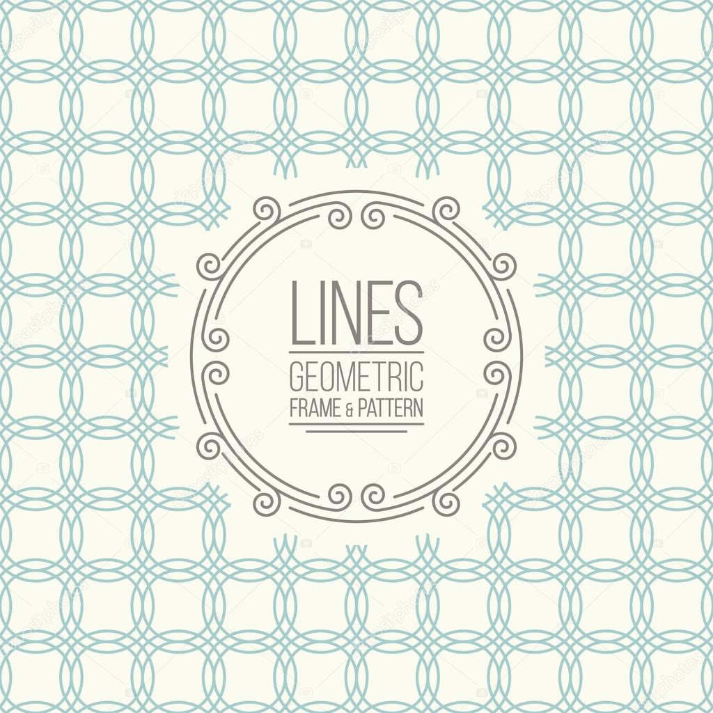 Geometric linear pattern and monoline frame. Vintage colors. Seamless abstract vector background.  Package design - badge with geometric border and place for your logo, identity or text.