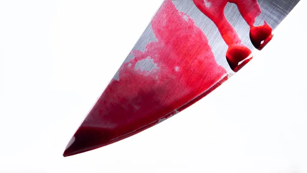 Closeup Nerezová Ocel Kuchyňský Nůž Krev Izolované Bílém Pozadí Prázdné — Stock fotografie