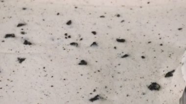 Manzara, kurabiyeler ve kaşıkla kepçelenmiş dondurma. Çikolata taneleriyle karıştırılmış dondurma..