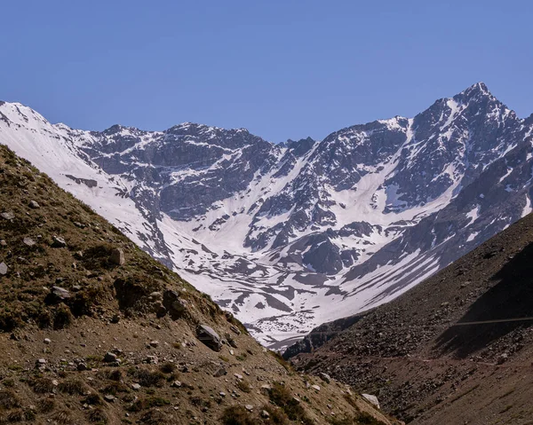 Estrada Nevada Entre Montanhas Cajon Del Maipo Estrada Para Yeso — Fotografia de Stock