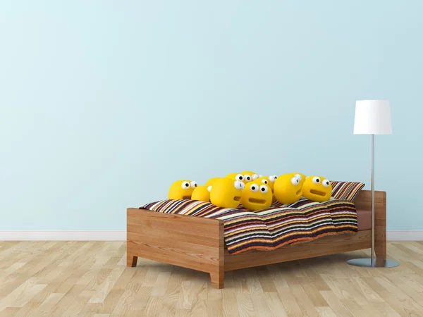 Juguete divertido en la habitación de la cama de los niños Imagen de representación 3D interior — Foto de Stock