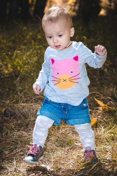 Sladké dítě v podzimním parku s žlutými listy — Stock fotografie