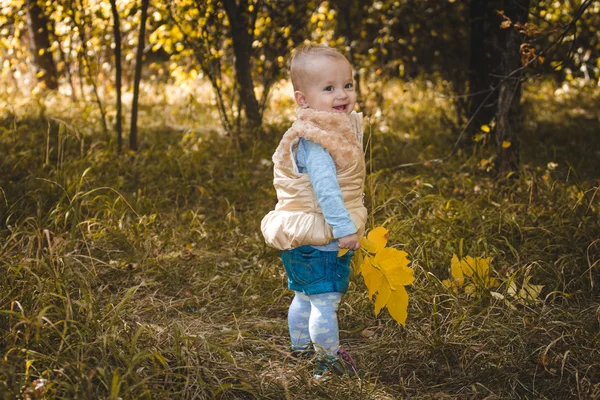 Bebê pequeno bonito no parque de outono com folhas amarelas — Fotografia de Stock