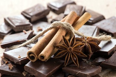 Chocolate with cinnamon sticks and star anise, selective focus