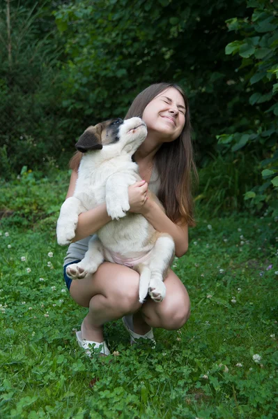 Kızla köpek yavrusu — Stok fotoğraf