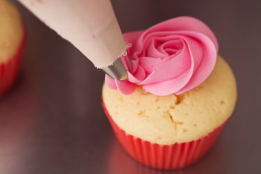 Yakın pembe Gül buzlu kek olmak borulu yatay