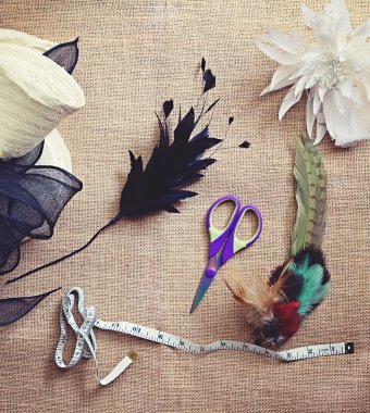 Deconstructed millinery materials and tools clipart