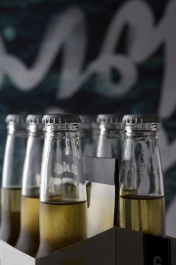 Zanaat bira şişeleri ilginç arka plan ile altı paketi