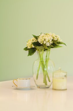 Vazo çiçek ve yumuşak yeşil pastel tonlar çay fincanı