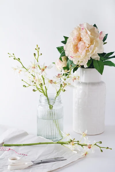 Preparação de orquídeas flores cortadas em vasos para decoração de casa — Fotografia de Stock