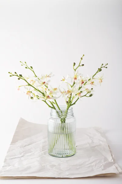 Simple white orchids in a vintage glass jar with space for text — Stock Photo, Image