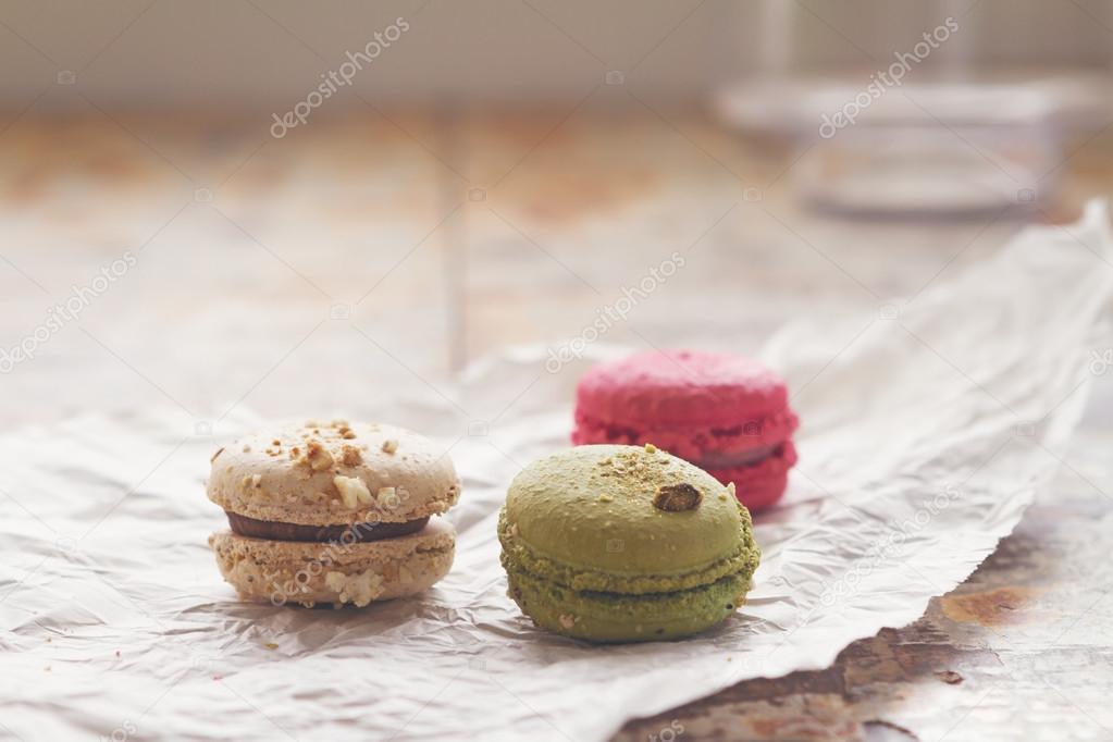Close up of Three yummy macaroons blur background