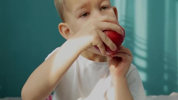 Alegre Bebé Con Gran Manzana Roja Las Manos Muerde Una — Vídeos de Stock