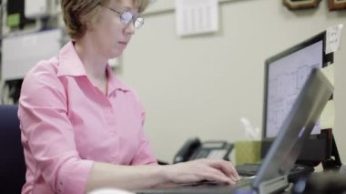 bir dizüstü bilgisayar kullanarak onun masasında işkadını