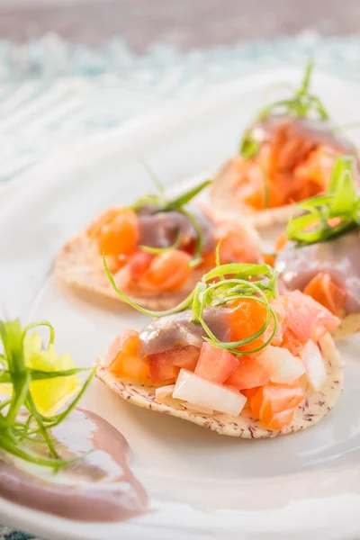 Lososové Ceviche Tostadas — Stock fotografie