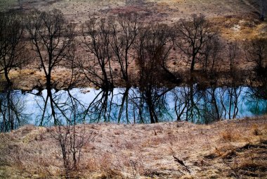 Açık bir sabahta, baharda küçük bir nehir, Rusya