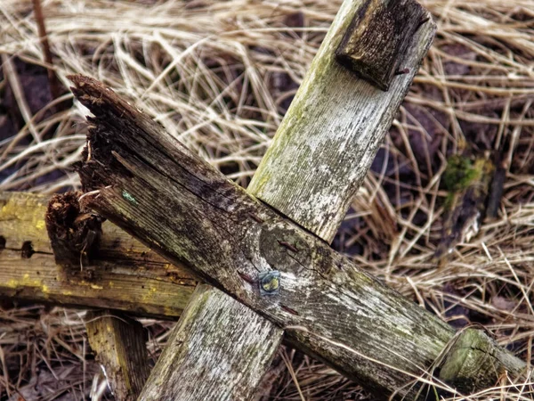 Vestiges Une Clôture Bois Sur Herbe Russie — Photo