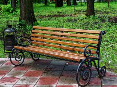 bench and trash urn in the park, summer