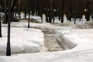 Parkın içinde, kışın, karda asfalt yol.