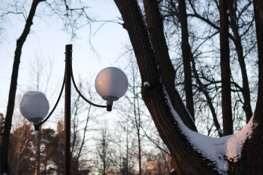 Gündüz vakti, kışın parkta yuvarlak sokak lambası.