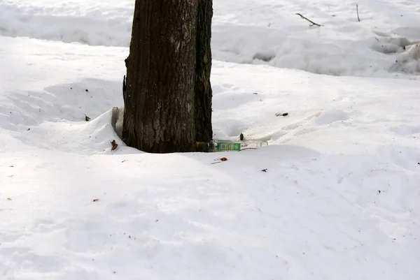 Een Lege Wodka Fles Ligt Sneeuw Winter — Stockfoto