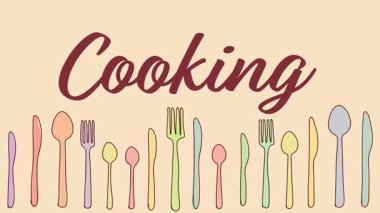 Yemek pişirme animasyonu metin ve kaşık çatal bıçak sembolleri karalama ve yanıp sönen efekt.