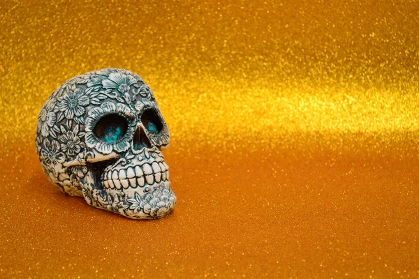 Skull Flower Decoration Day Dead Mexico Background Golden Glitter — Stock Photo, Image