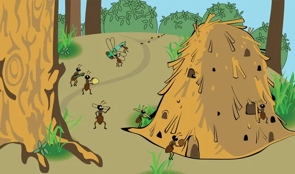 Vector cartoon mierenhoop in het bos — Stockvector