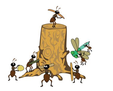 a tree stub and a family of ants clipart