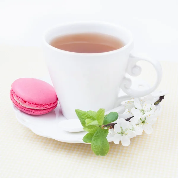 Csésze tea és édes és színes eper francia macaroon egy — Stock Fotó