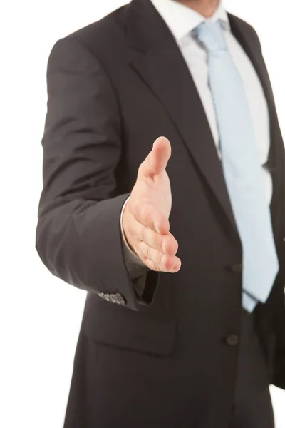 Detail of a business man with an open hand ready to seal a deal — Stock Photo, Image