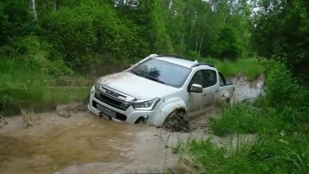 Pickup caminhão dificilmente deixa a poça de lama escorregando — Vídeo de Stock