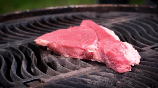 Ένα κομμάτι φρέσκο κρέας τηγανίζεται σε μια καυτή σχάρα — Αρχείο Βίντεο