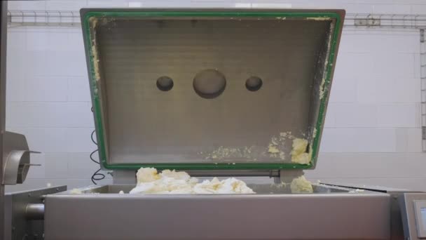 Fylla blandningsmaskinen med ostmassa i en mejerianläggning — Stockvideo