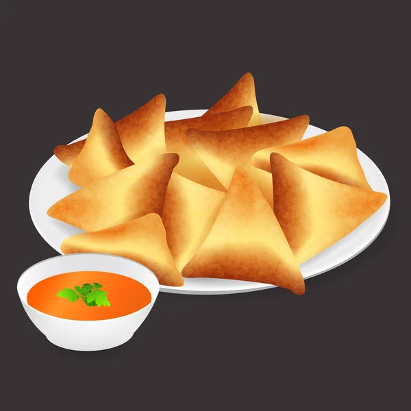 Samosa Indian street fast food. On a dark background in a plate. — Stock Vector
