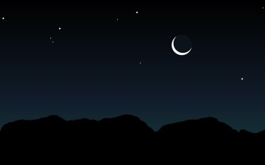 Gece manzara dağlar, ay ve yıldız ile. Vektör çizim.