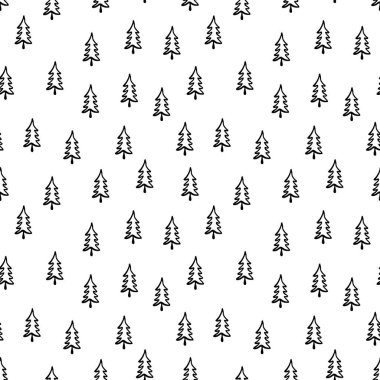 Noel ağacı desensiz. El çizimi orman geçmişi. Geçmiş tatil ambalaj kağıdı. Vektör monokrom deseni. Kumaş ve ambalaj için soyut vintage baskı.